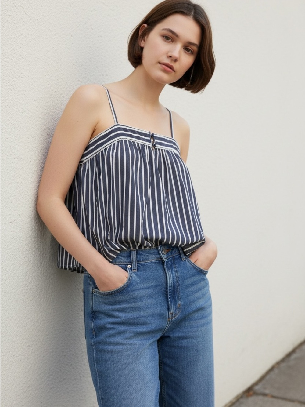 Old Navy Navy and White Striped Button-Front Blouse